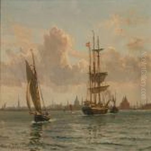 Coastal Scene From Copenhagen With Sailing Ships Near Thecoast Oil Painting by Vilhelm Karl Ferd. Arnesen