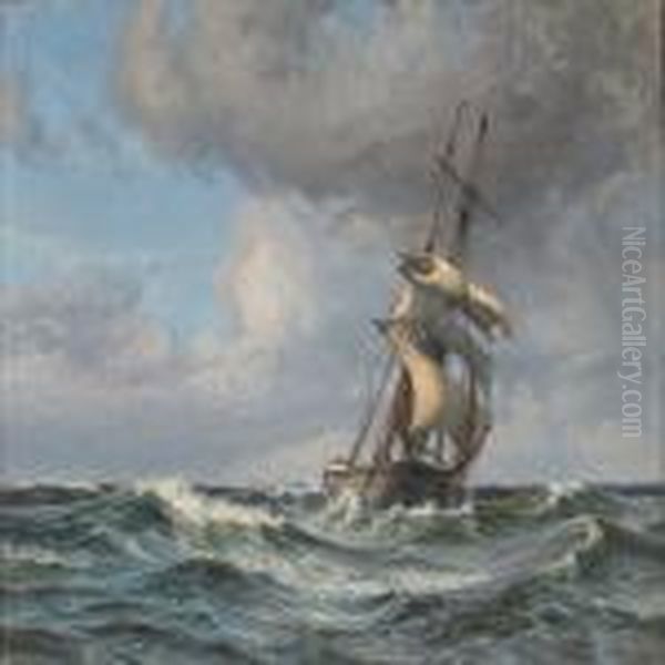 Ship In High Seas Where The Crew Are Heading In The Rig Forbringing Down The Sails Oil Painting by Vilhelm Karl Ferd. Arnesen