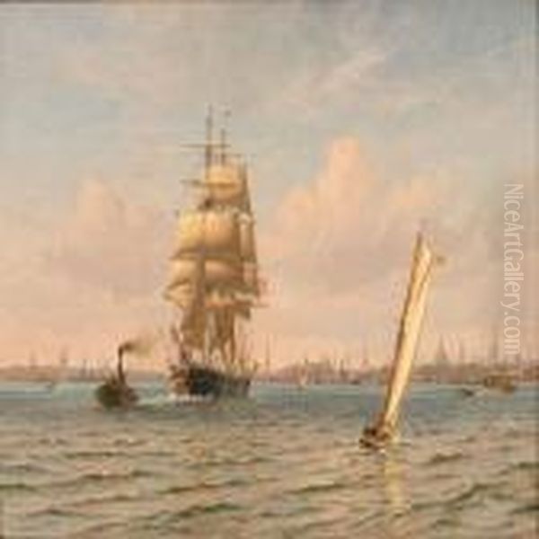 A Tugboat Pulls A Sail Ship Out Of Copenhagen Harbour Oil Painting by Vilhelm Karl Ferd. Arnesen