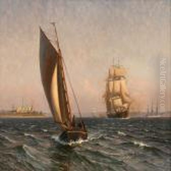 Marine With Smaller And Larger Sailing Ships Near Elsinore Castle Oil Painting by Vilhelm Karl Ferd. Arnesen