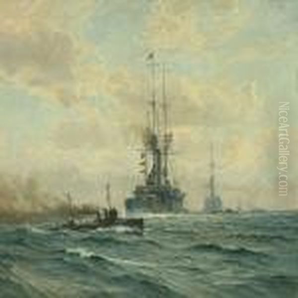 Seascape With Warships Oil Painting by Vilhelm Karl Ferd. Arnesen