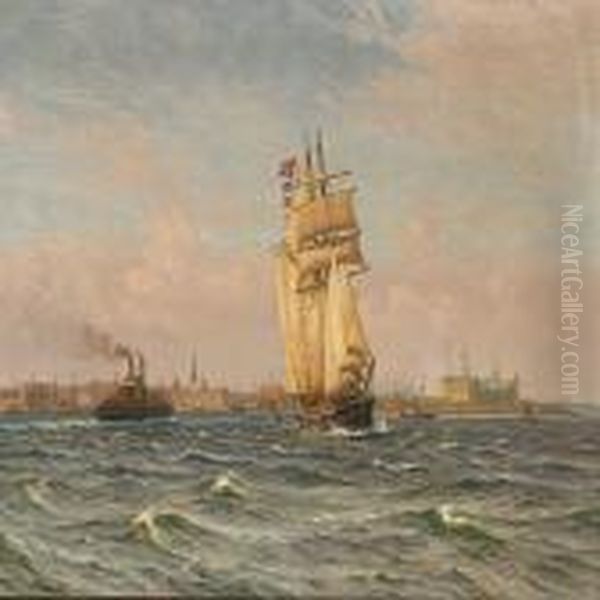 Marine With Shipsoff The Coast Of Elsinore Oil Painting by Vilhelm Karl Ferd. Arnesen