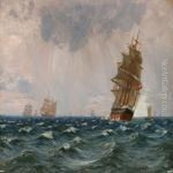 Danish Marine Withseveral Salling Ships Oil Painting by Vilhelm Karl Ferd. Arnesen