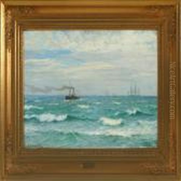 Seascape With Sailingship And Motor Boat Oil Painting by Vilhelm Karl Ferd. Arnesen