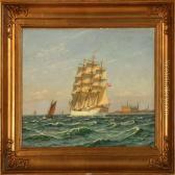 The Danish Trainingship Danmark Off The Coast Of Elsinore Castle Oil Painting by Vilhelm Karl Ferd. Arnesen