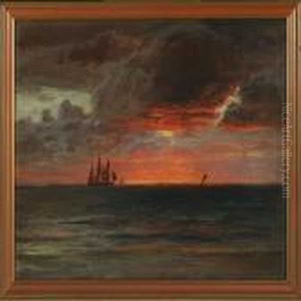 Seascape With Sailingships In The Sunset Oil Painting by Vilhelm Karl Ferd. Arnesen