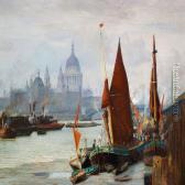 View Of The Thames In London With St. Paul's Cathedral Oil Painting by Vilhelm Karl Ferd. Arnesen