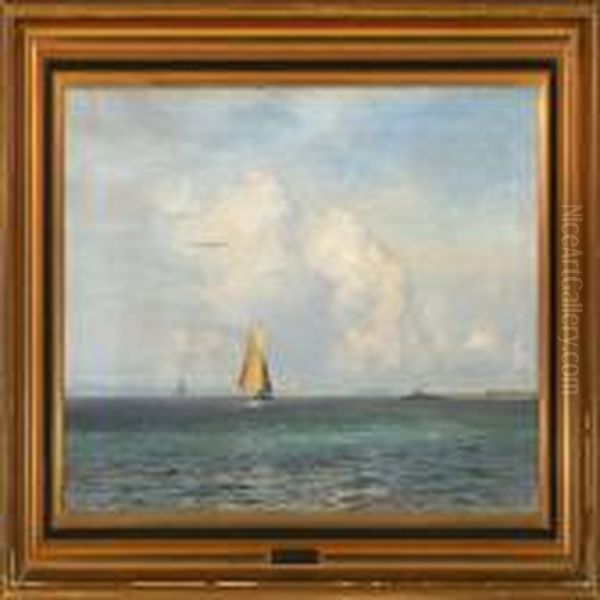 Marine With Sailing Ships Off A Coast Oil Painting by Vilhelm Karl Ferd. Arnesen