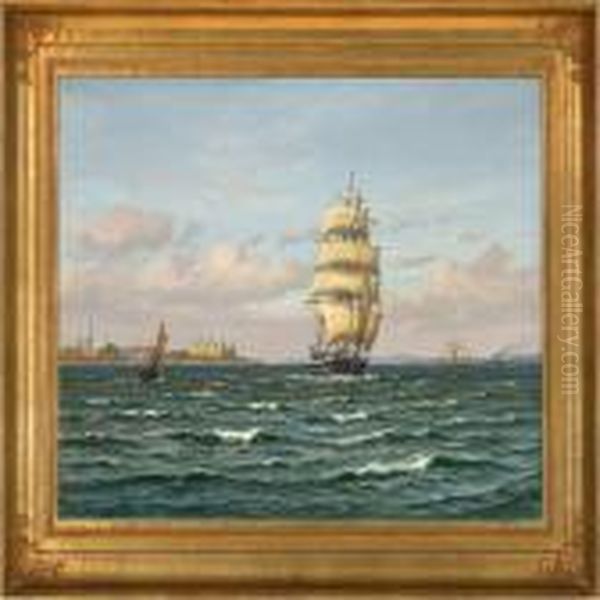 Marine With Ship Off The Coast Of Elsinore Castle Oil Painting by Vilhelm Karl Ferd. Arnesen