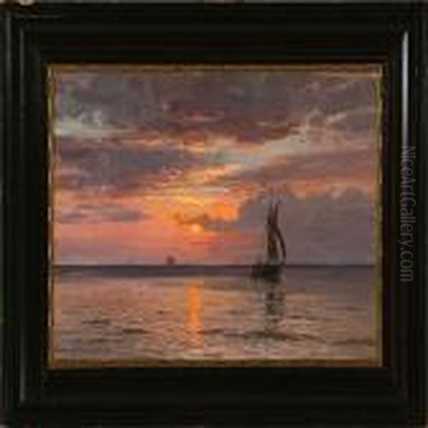 Marine With Sailing Ships At Sunset Oil Painting by Vilhelm Karl Ferd. Arnesen