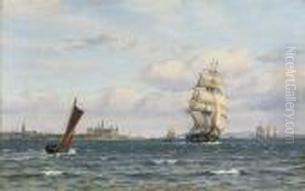 A Trader And A Fishing Boat Off Kronborg Castle Oil Painting by Vilhelm Karl Ferd. Arnesen