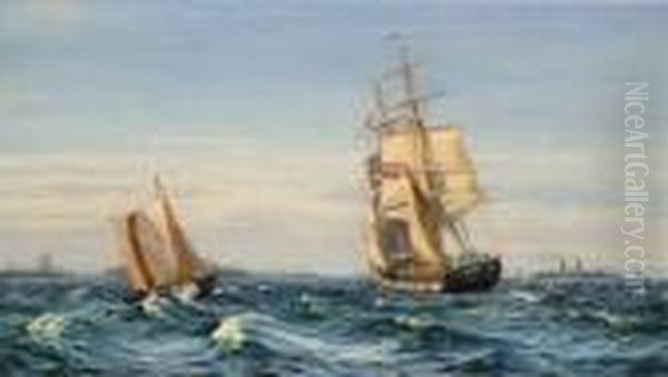 Fregatte Und Raddampfer Im Oresund Vor Kronborg Oil Painting by Vilhelm Karl Ferd. Arnesen