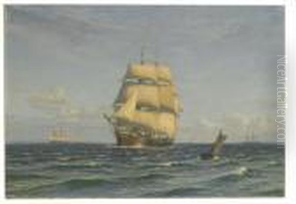 Ships At Sea Oil Painting by Vilhelm Karl Ferd. Arnesen