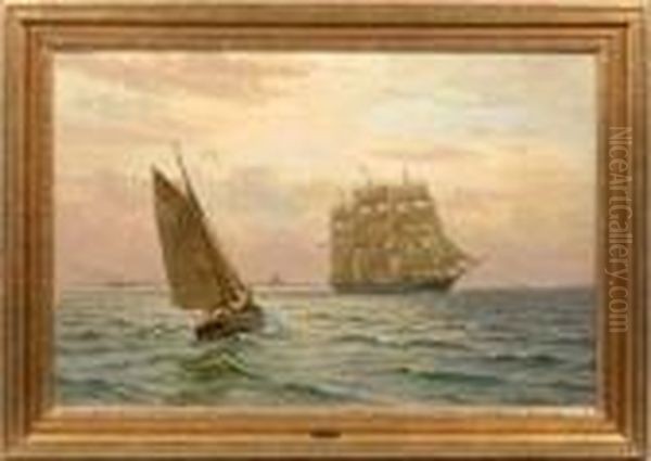 Dreimaster Und Fischerboot Vor Der Danischen Kuste Oil Painting by Vilhelm Karl Ferd. Arnesen