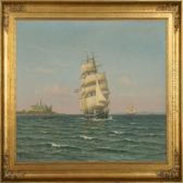 Seascape With Sailingships, In Th Ebackground Kronborg Oil Painting by Vilhelm Karl Ferd. Arnesen