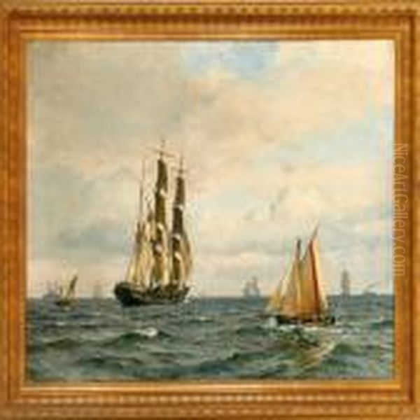 A Danish Marine With Lively Trafic In The Sound Oil Painting by Vilhelm Karl Ferd. Arnesen