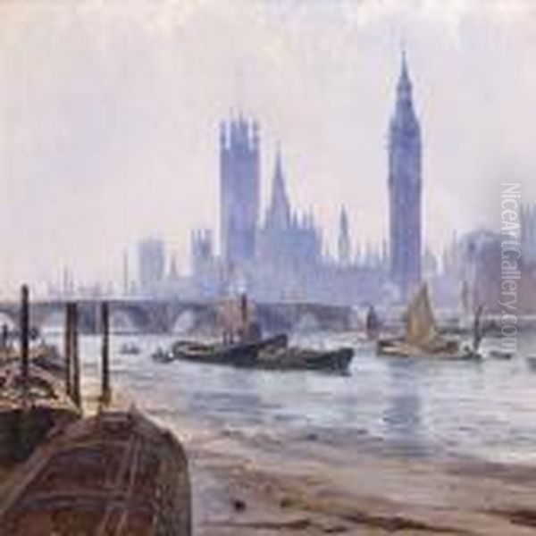 Scene From London Withsailing Ships At The Thames Oil Painting by Vilhelm Karl Ferd. Arnesen