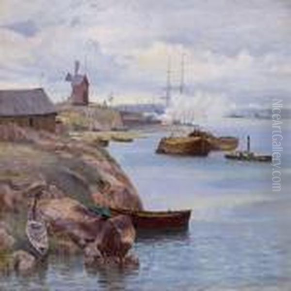 Coastal Scenery Withships, Presumeably From Norway Oil Painting by Vilhelm Karl Ferd. Arnesen