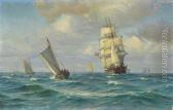 Ships At Sea Oil Painting by Vilhelm Karl Ferd. Arnesen