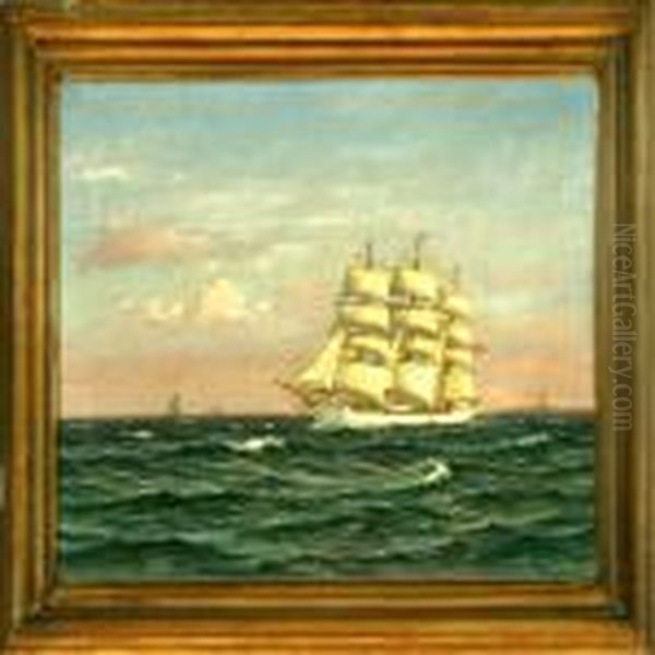 Marine With The Danish Training Ship Denmark On Open Sea Oil Painting by Vilhelm Karl Ferd. Arnesen