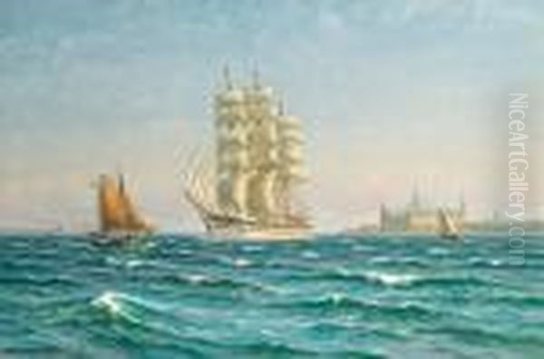 Arnesen: Ships At Sail Off Kronborg Castle On A Summer's Day. Signed Vilh. Arnesen 1934 Oil Painting by Vilhelm Karl Ferd. Arnesen