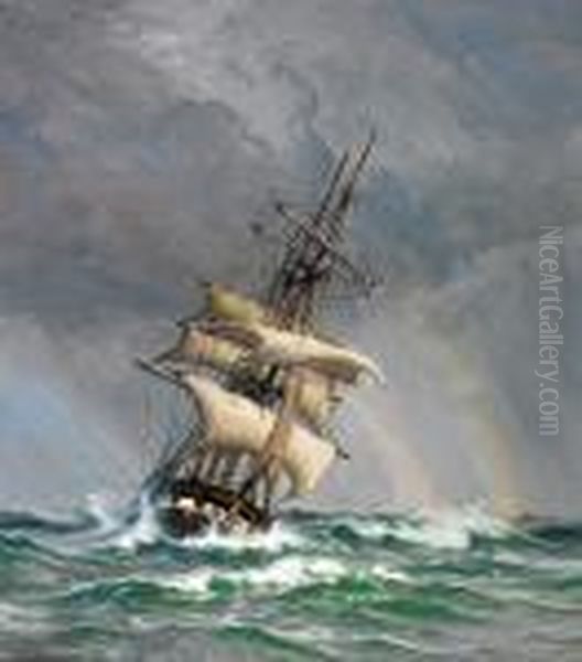 Arnesen: Large Sailing Ship In High Seas With Rainbows. Signed Vilh. Arnesen 7 Oil Painting by Vilhelm Karl Ferd. Arnesen