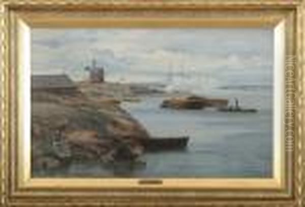 Arnesen: Boats At The Shore. Probably Sweden. Signed Vilh. Arnesen Oil Painting by Vilhelm Karl Ferd. Arnesen