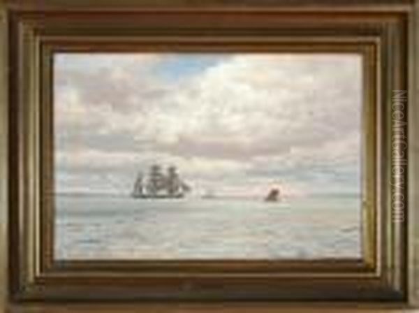 A Marine With A Barque And Other Sailing Ships By Sunset Oil Painting by Vilhelm Karl Ferd. Arnesen