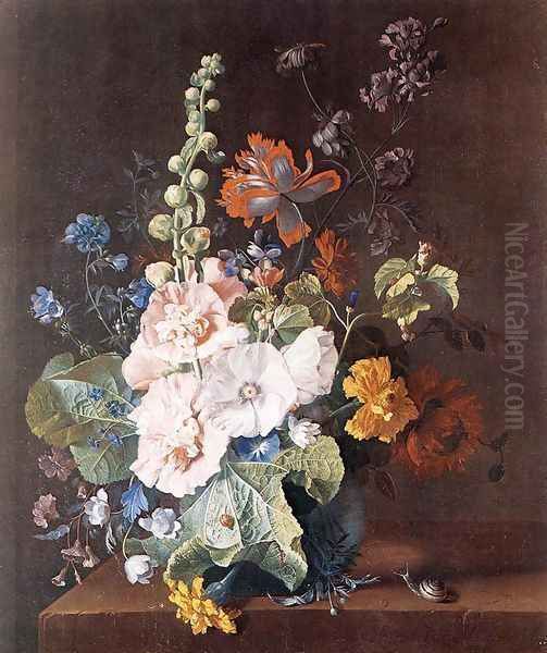 Hollyhocks and Other Flowers in a Vase c. 1710 Oil Painting by Jan Van Huysum