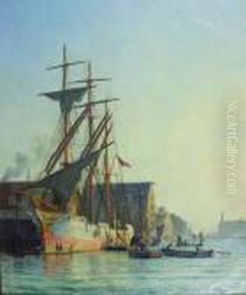 An American Ship In Copenhagen Oil Painting by Vilhelm Karl Ferd. Arnesen