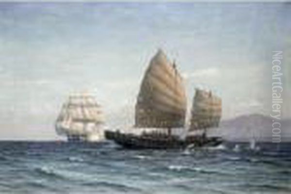 A Naval Engagement Oil Painting by Vilhelm Karl Ferd. Arnesen