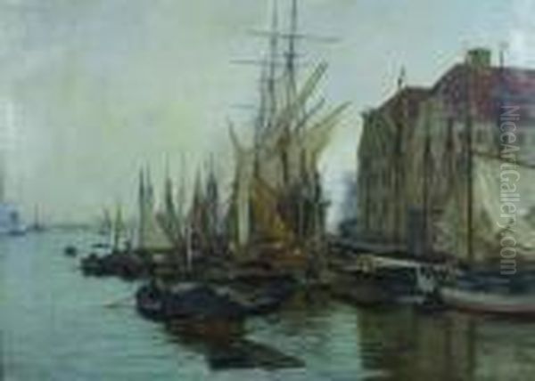 Ships In Harbour, Copenhagen Oil Painting by Vilhelm Karl Ferd. Arnesen