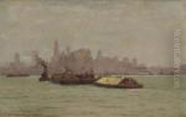 New York Skyline With River Traffice Oil Painting by Vilhelm Karl Ferd. Arnesen