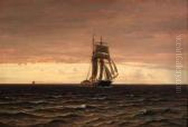 A Topsail Schooner At Dusk Oil Painting by Vilhelm Karl Ferd. Arnesen