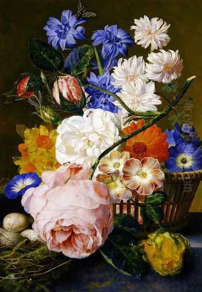 Roses morning glory narcissi aster and other flowers in a basket with eggs in a nest on a marble ledge Oil Painting by Jan Van Huysum