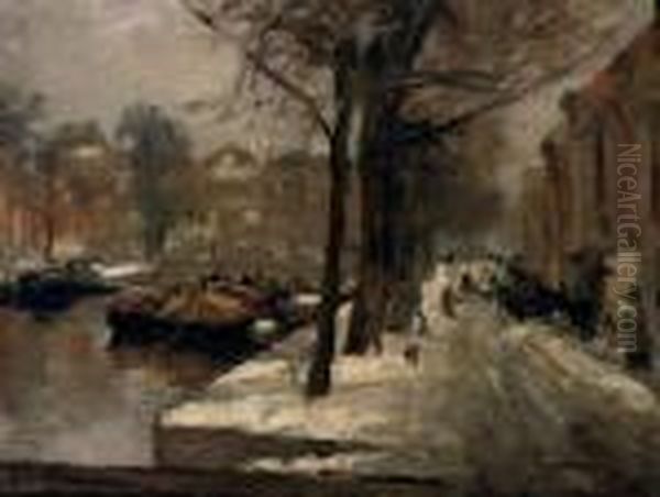 A View Of The Bierkade In Winter, The Hague Oil Painting by Floris Arntzenius