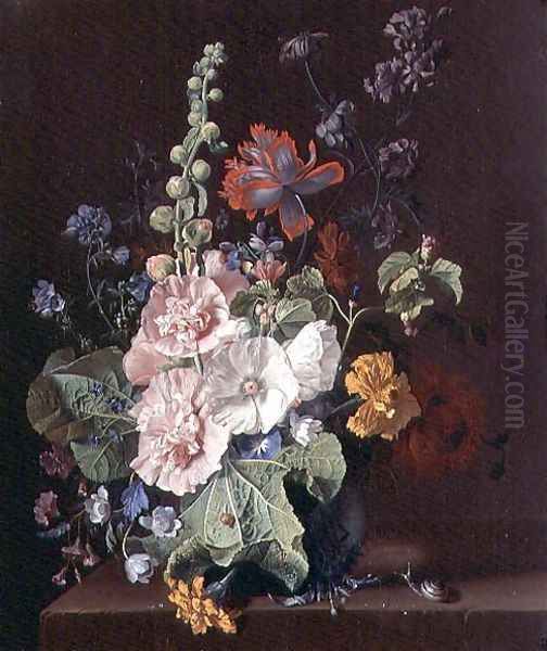 Hollyhocks and Other Flowers in a Vase Oil Painting by Jan Van Huysum