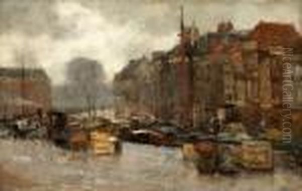 A Busy Dutch Quayside Oil Painting by Floris Arntzenius