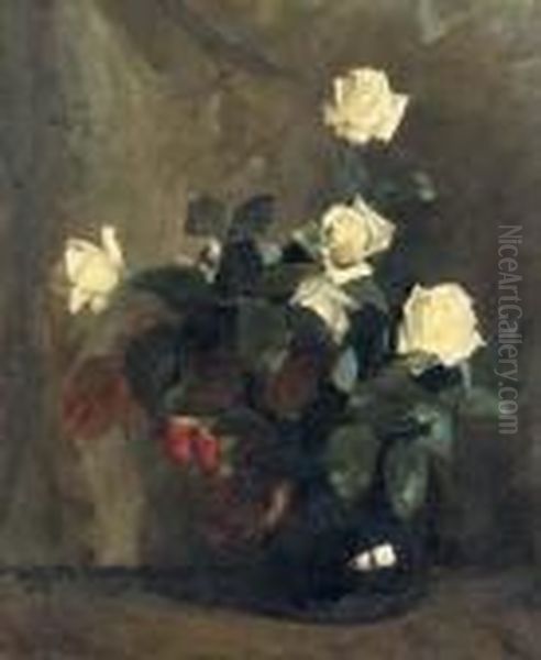 White Rozes In A Black Vase Oil Painting by Floris Arntzenius