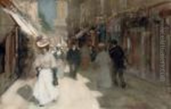 Elegant Figures In The Spuistraat, The Hague Oil Painting by Floris Arntzenius