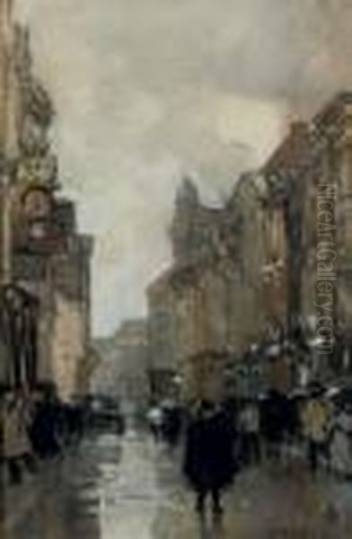 A Rainy Day On The Spuistraat, The Hague Oil Painting by Floris Arntzenius