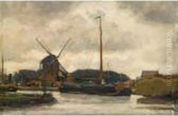 Barges On The River Vliet, The Hague Oil Painting by Floris Arntzenius