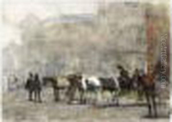 Carriages At De Plaats, The Hague, With The Societeit Place Royale In The Background Oil Painting by Floris Arntzenius