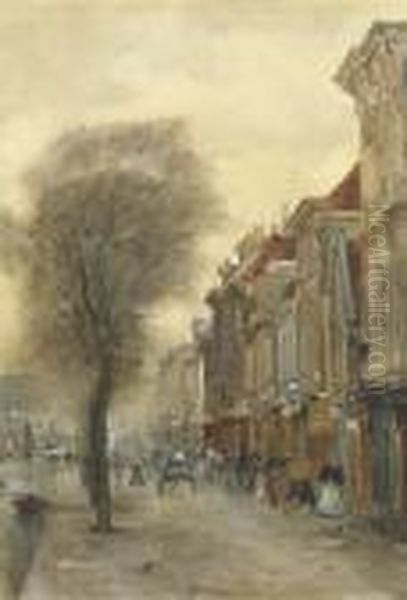 Figures On The Brouwersgracht, The Hague Oil Painting by Floris Arntzenius