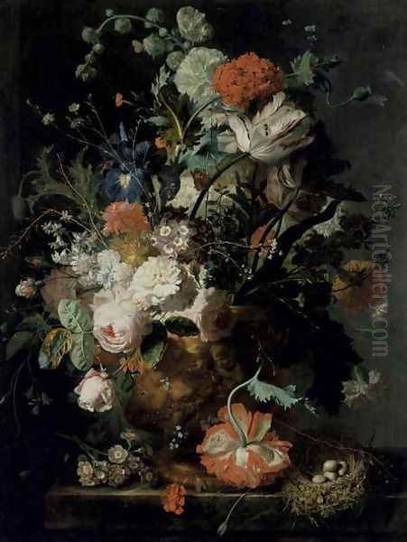 Roses Flowers Carnations Oil Painting by Jan Van Huysum