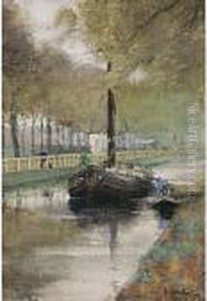 A Moored Boat In A Canal Oil Painting by Floris Arntzenius