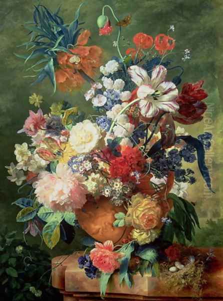 Still Life of Flowers and a Birds Nest on a Pedestal Oil Painting by Jan Van Huysum