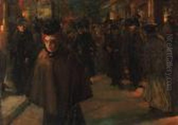 A Busy Street Scene At Night Oil Painting by Floris Arntzenius