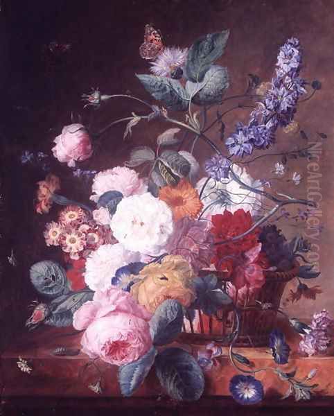 Roses, Dahlia Delphinium and other Flowers in a Basket on a Marble Ledge Oil Painting by Jan Van Huysum