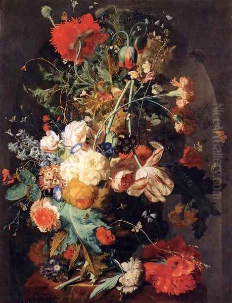 Vase of Flowers in a Niche Oil Painting by Jan Van Huysum